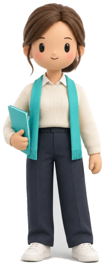 Kim, die KI-Büroassistentin, mit Mappe und türkisem Schal