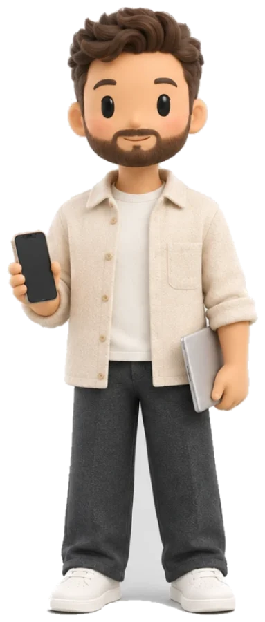 Luis, der KI-Marketing-Manager, mit Smartphone und Laptop